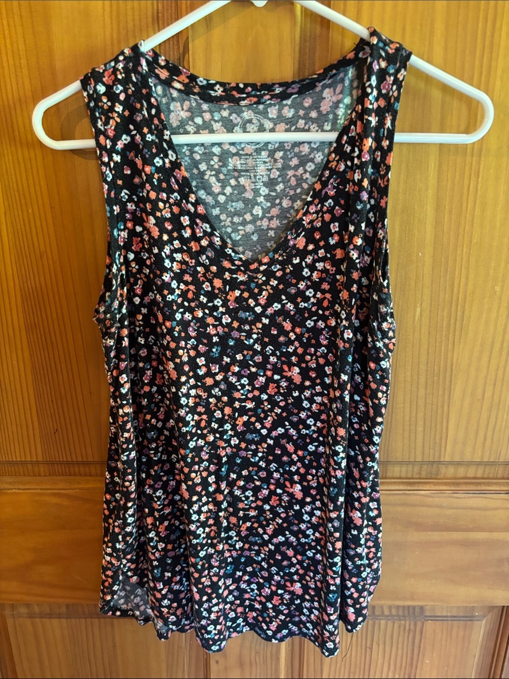 Maurices Black Floral V-Neck Tank with Coral and Pink Accents
